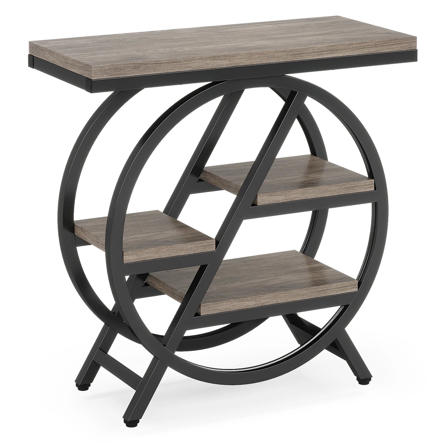 3-Tier Narrow Industrial Side Table with Geometric Metal Frame | Rustic Brown Sofa End Table for Living Room