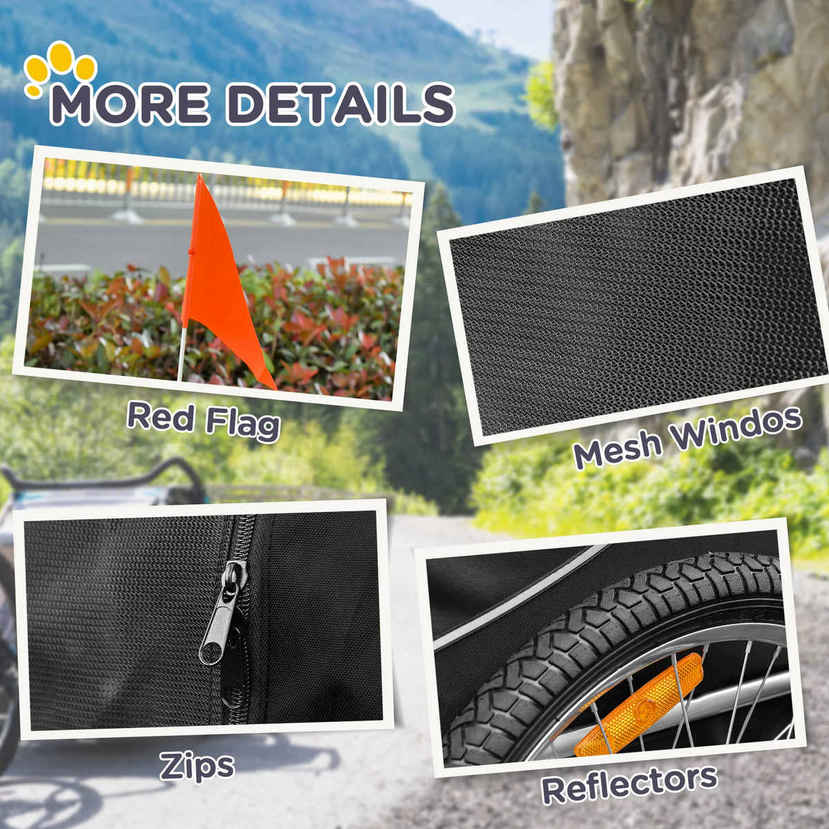 Folding Dog Bike Trailer and Pet Stroller Steel Frame Oxford Fabric Mesh Windows Reflectors and Flag