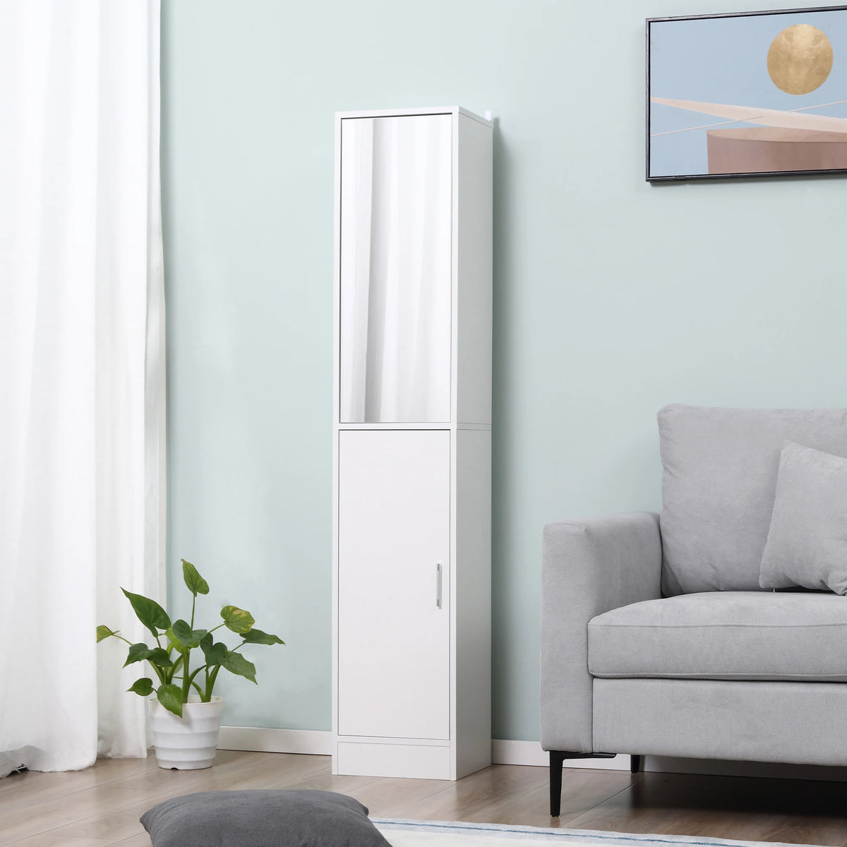 Tall Mirrored Bathroom Cabinet with Adjustable Shelves, Slim Tallboy Unit, 32 x 28 x 162 cm, White