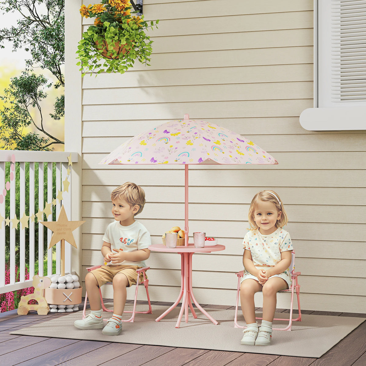 Kids Garden Table and Chair Set with Parasol 4 Piece Folding Outdoor Patio Set Rainbow Design Pink
