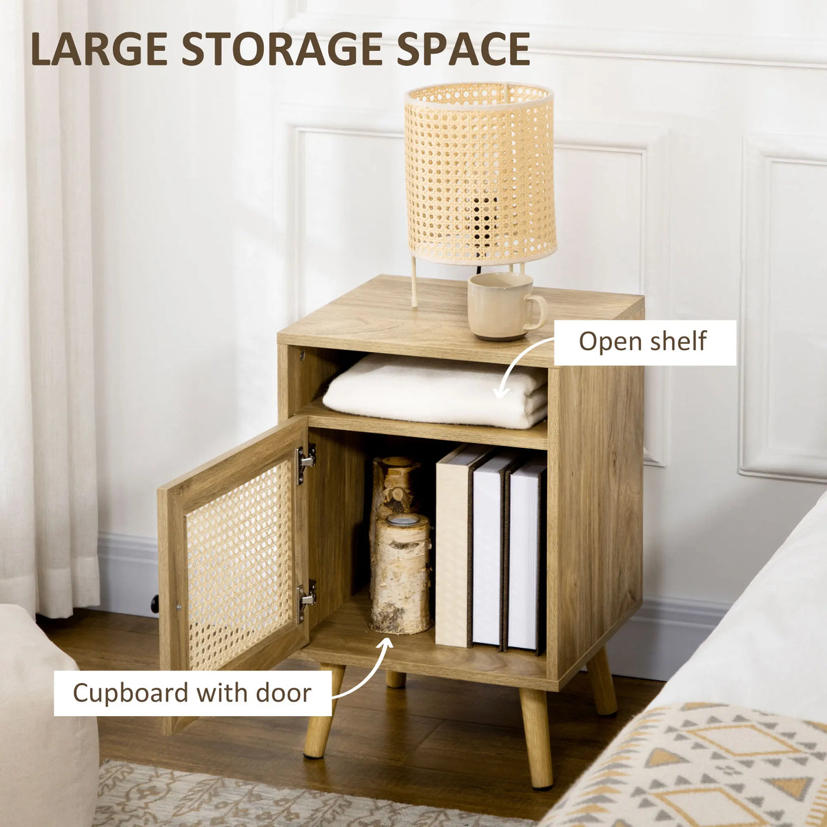 Bedside Table Nightstand with Storage Shelf and Door Cupboard, Natural