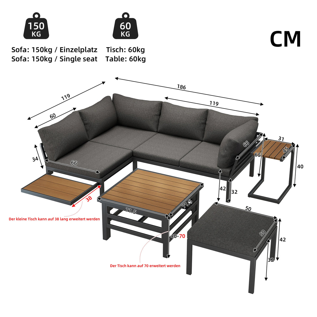 Outdoor Patio Furniture Set (2 Double Sofas + 1 Ottoman), Galvanized Iron Frame, with Seat Cushions & Pillows