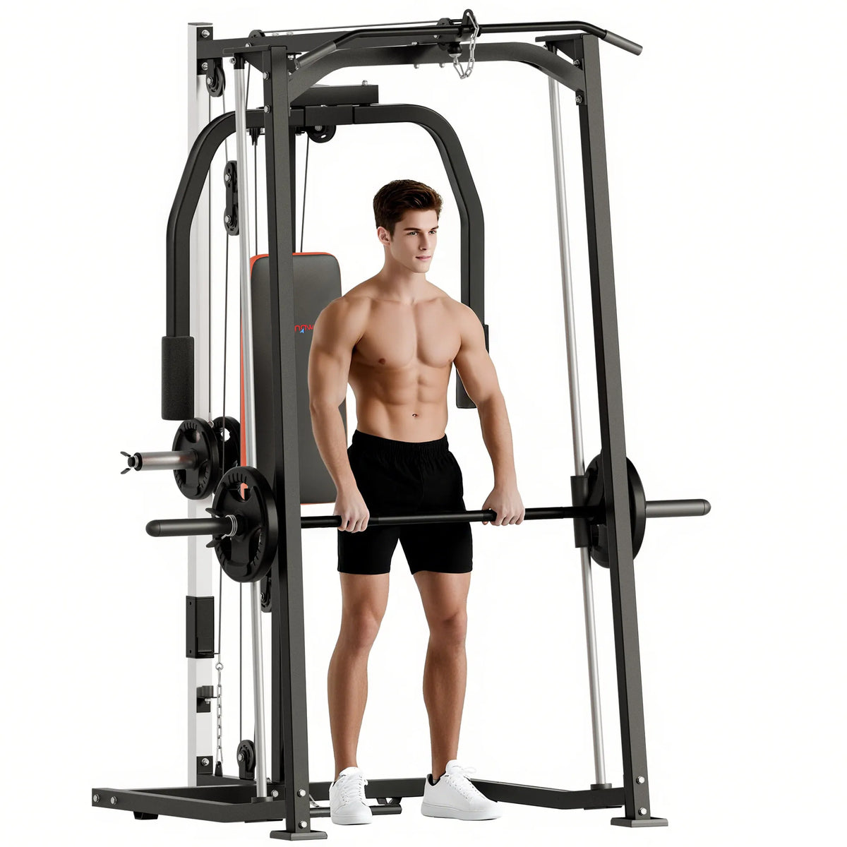 3-in-1 Smith Machine Multifunctional Power Cage with Dual Cable Pulley System, Chest Press Station & 17-Level Squat Rack