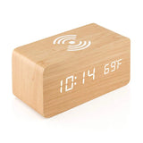 Niditon Wooden LED Alarm Clock with Wireless Charging | Temperature, Date & 3 Alarms