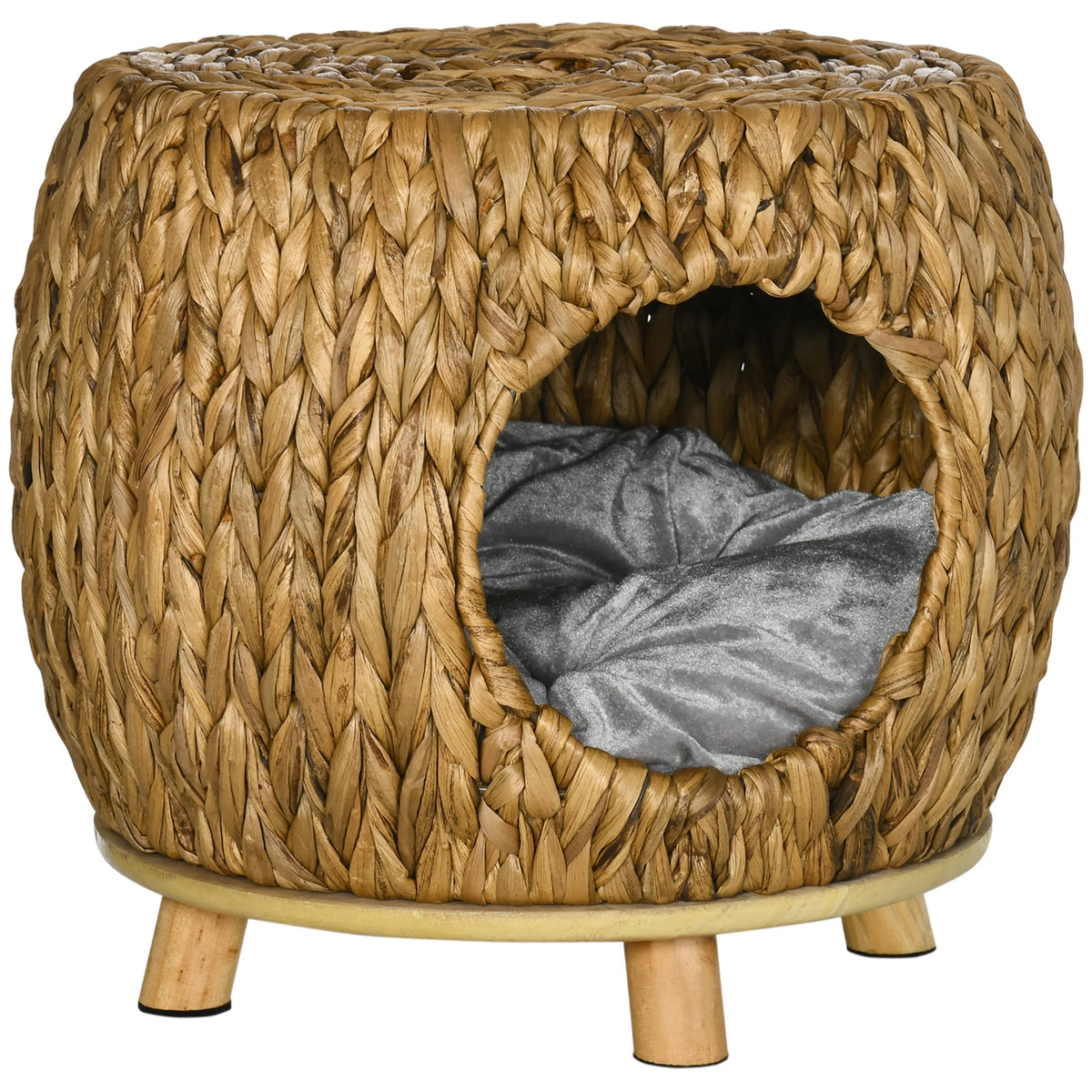 Rattan Cat House and Stool 44x43x41cm Water Hyacinth Cat Cave with Washable Cushion for Cats Under 5kg