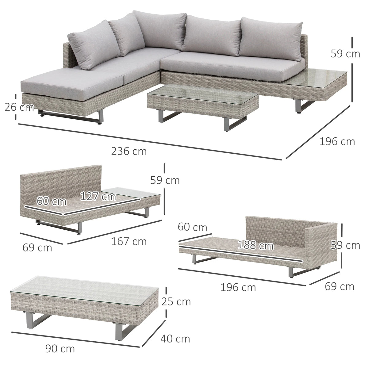 3 Piece Rattan Garden Furniture Set, Wicker Sofa Set with 3-Seater Sofa, Loveseat & Coffee Table, Grey