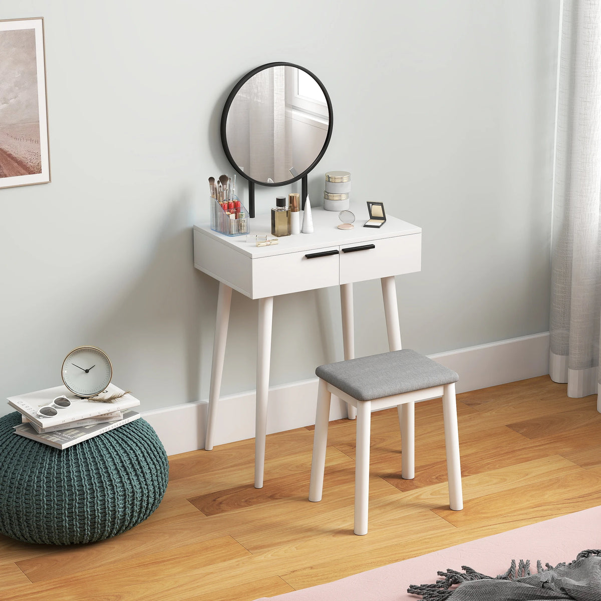 Dressing Table Vanity Set with Large Round Mirror 2 Sliding Drawers and Padded Stool Particleboard White