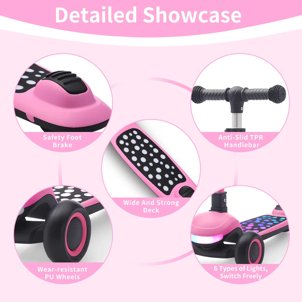 Kids Scooter Foldable 3 Wheel Adjustable Height Light Up Deck Scooter