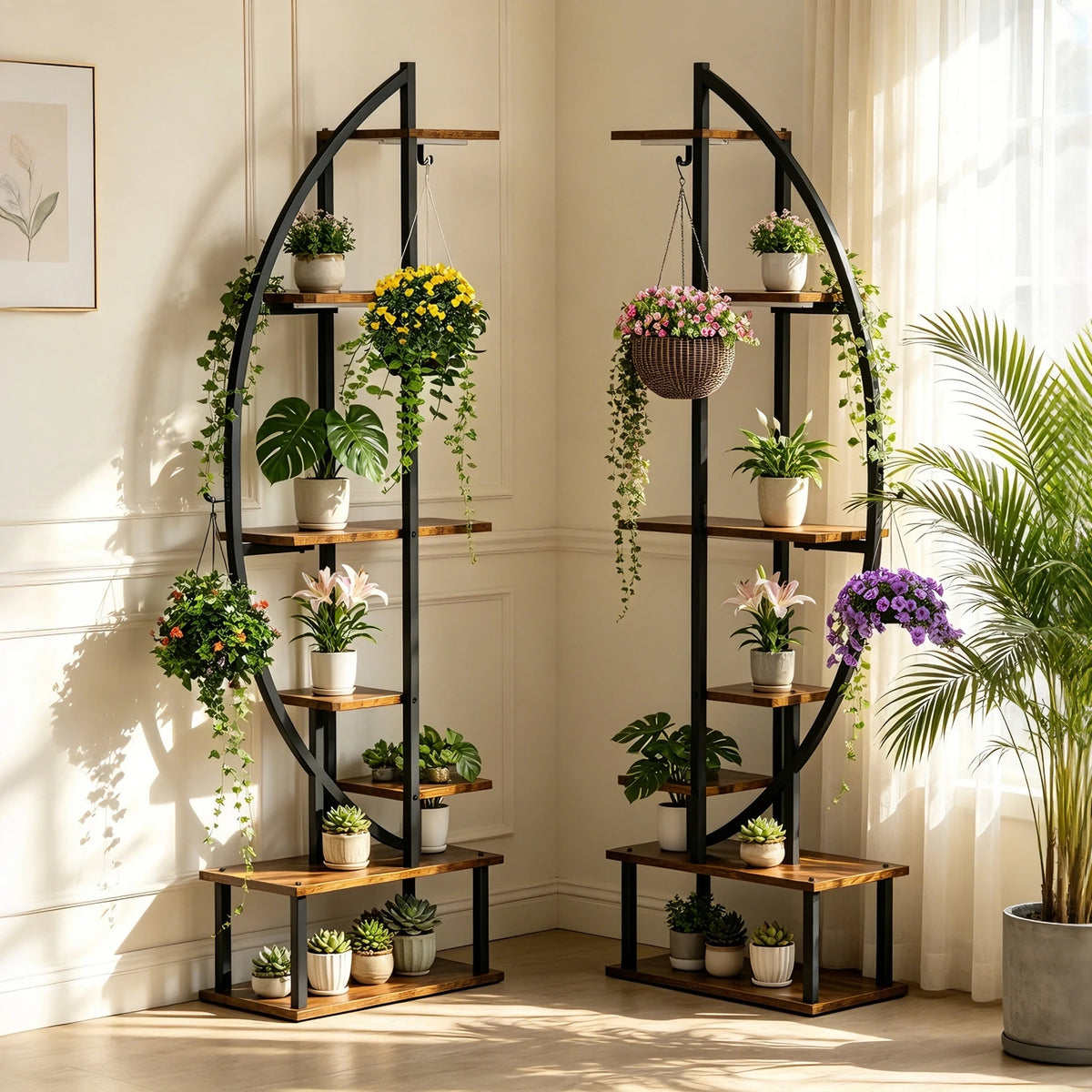 Tall Plant Stand with Grow Light 7 Tier Half Moon Industrial Style 100x26x165cm for Home Garden Office