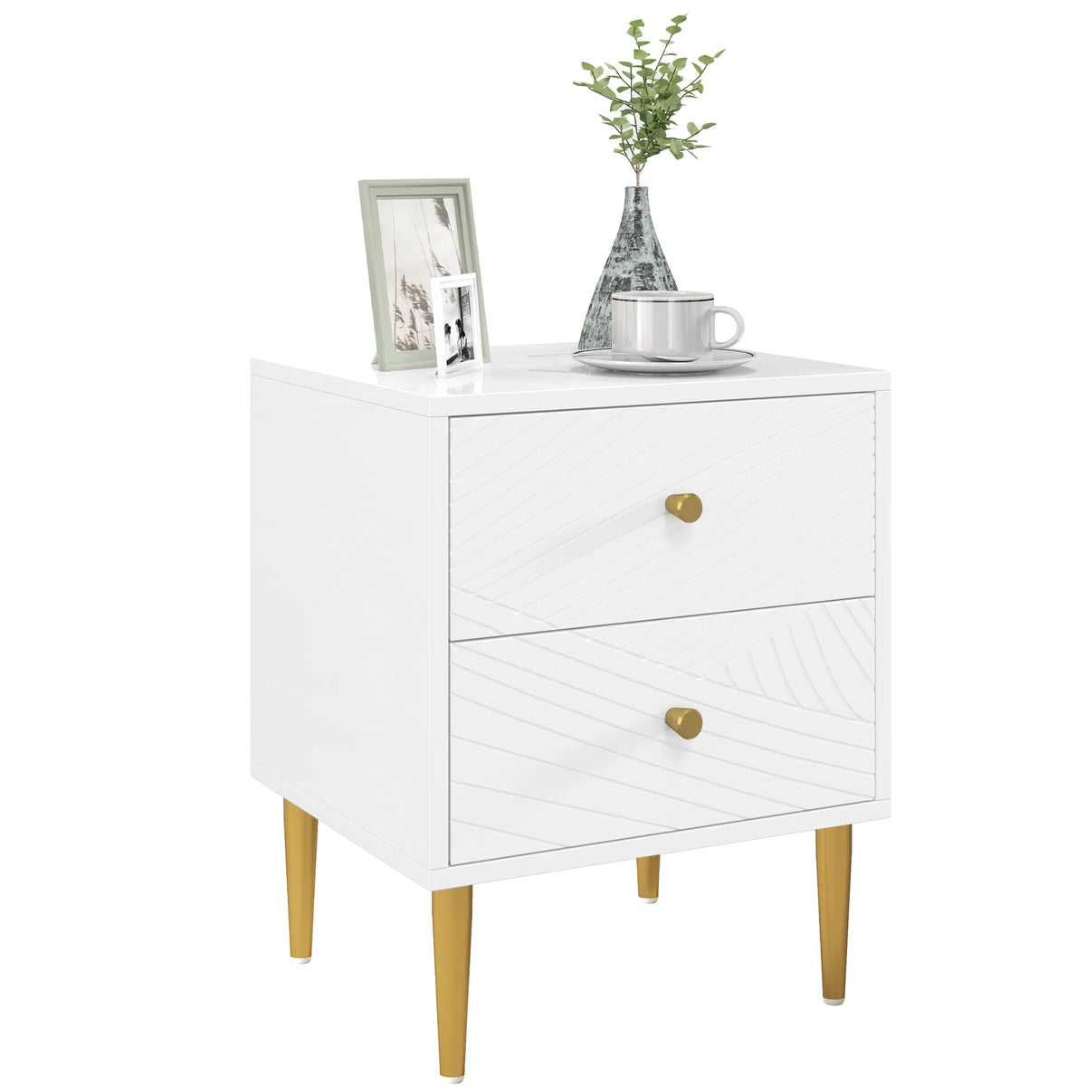 Modern Bedside Table with Drawer, Side Table with Metal Legs, White
