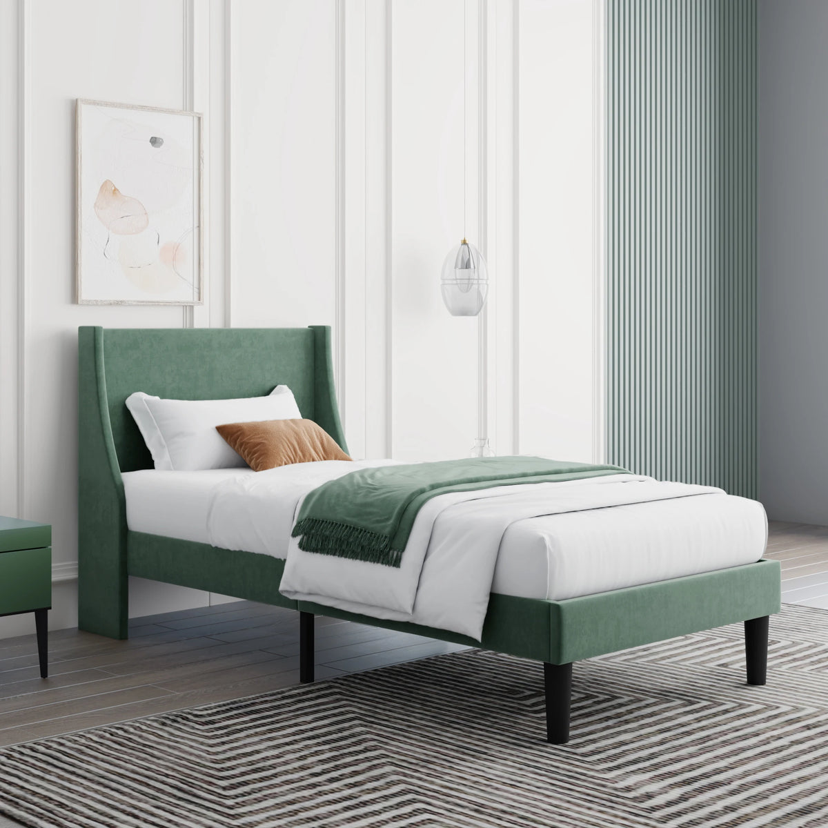 3FT Single Bed with Winged Headboard, Dark Green Velvet Upholstery, Wood Slat Support