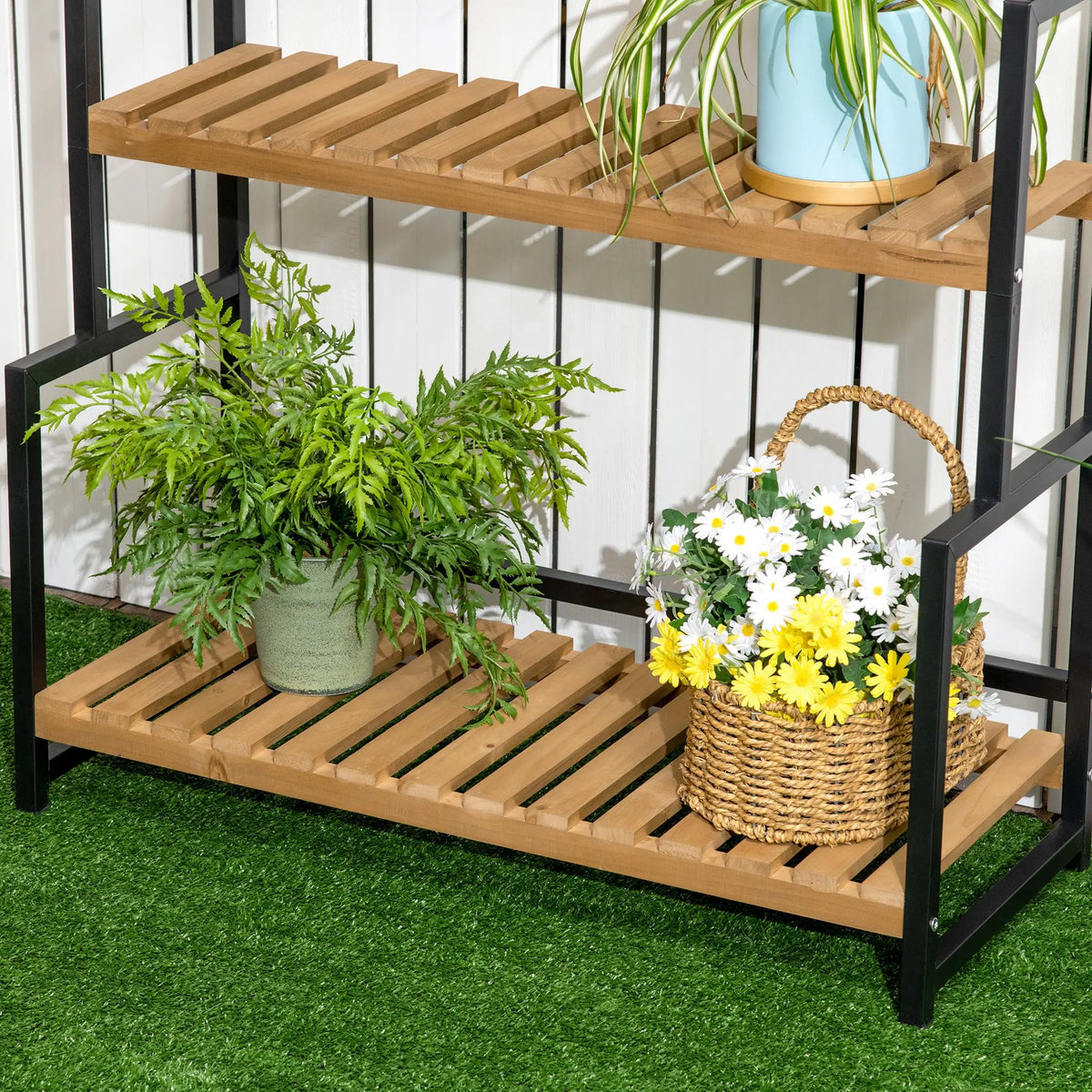 3 Tier Tall Plant Stand with Top Hanging Hooks Slatted Fir Wood Shelves Metal Frame 20kg Black and Natural