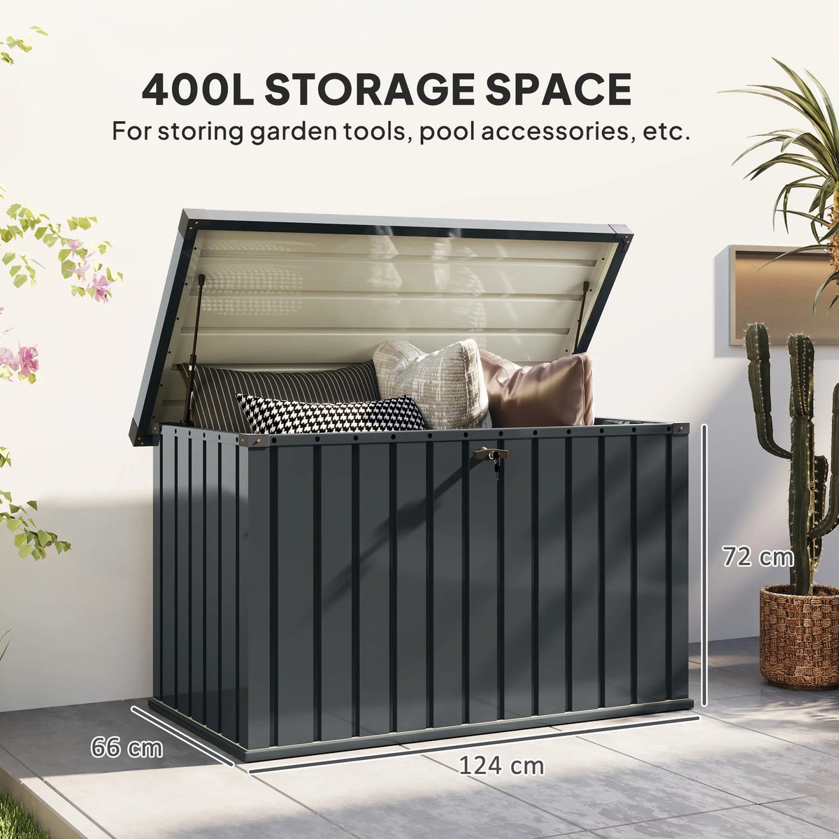 400L Metal Garden Storage Box with Lockable Gas-Lift Lid, Dark Grey