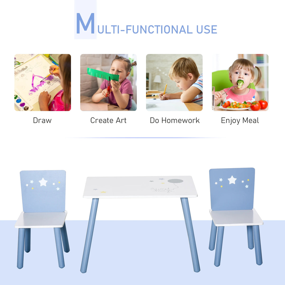 Star and balloon pattern on a blue and white childrens table top