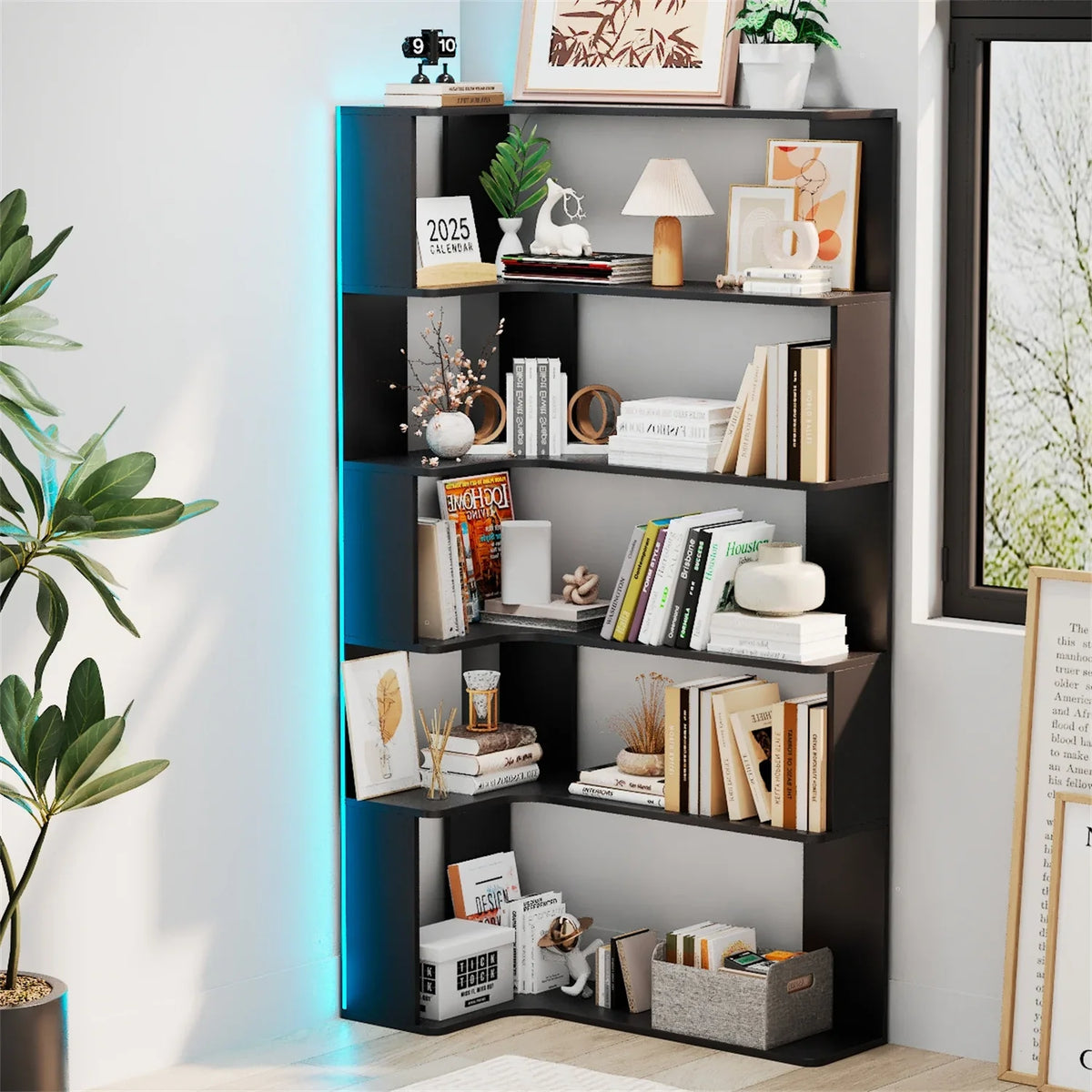 5-Tier Corner Bookshelf Triangular Wood Open Shelf | 169cm Freestanding Storage Unit for Living Room