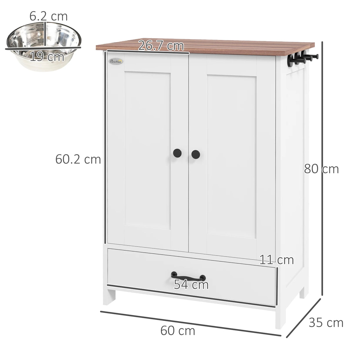 Dog Feeding Station with Storage Cabinet and 2 Hidden Bowls 80x60x35cm with Side Hooks White