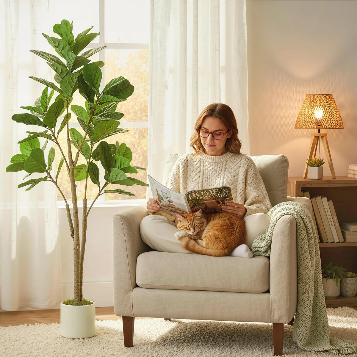 150cm Artificial Fiddle Leaf Fig Tree, Realistic Fake Plant, Green