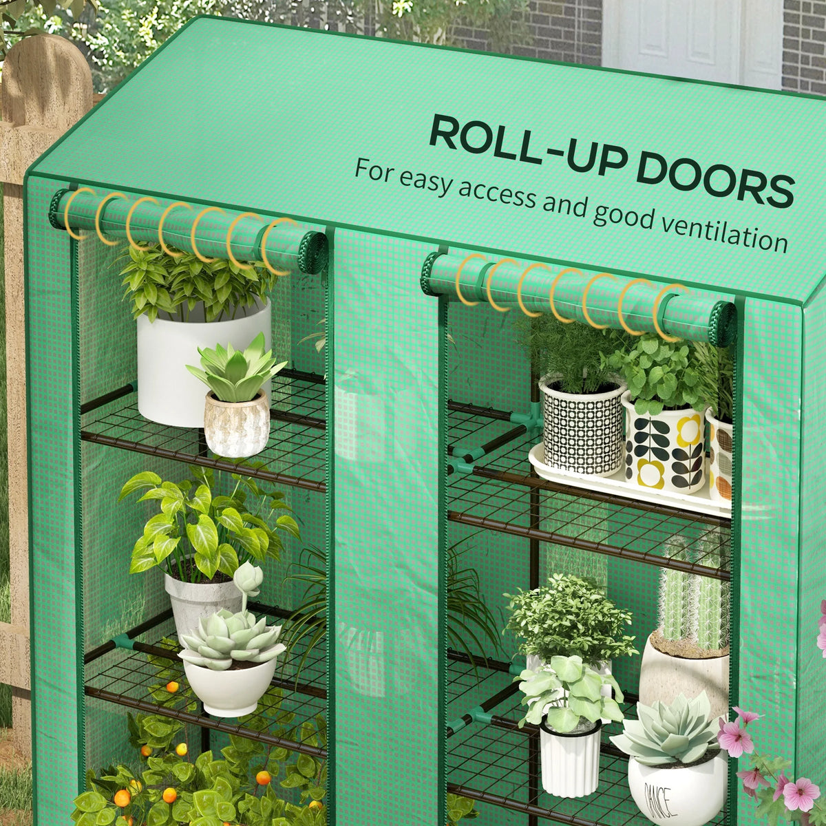 3 Tier Lean-to Mini Greenhouse with Reinforced Plastic Cover, Portable Indoor Outdoor Green House with 2 Roll-up Doors