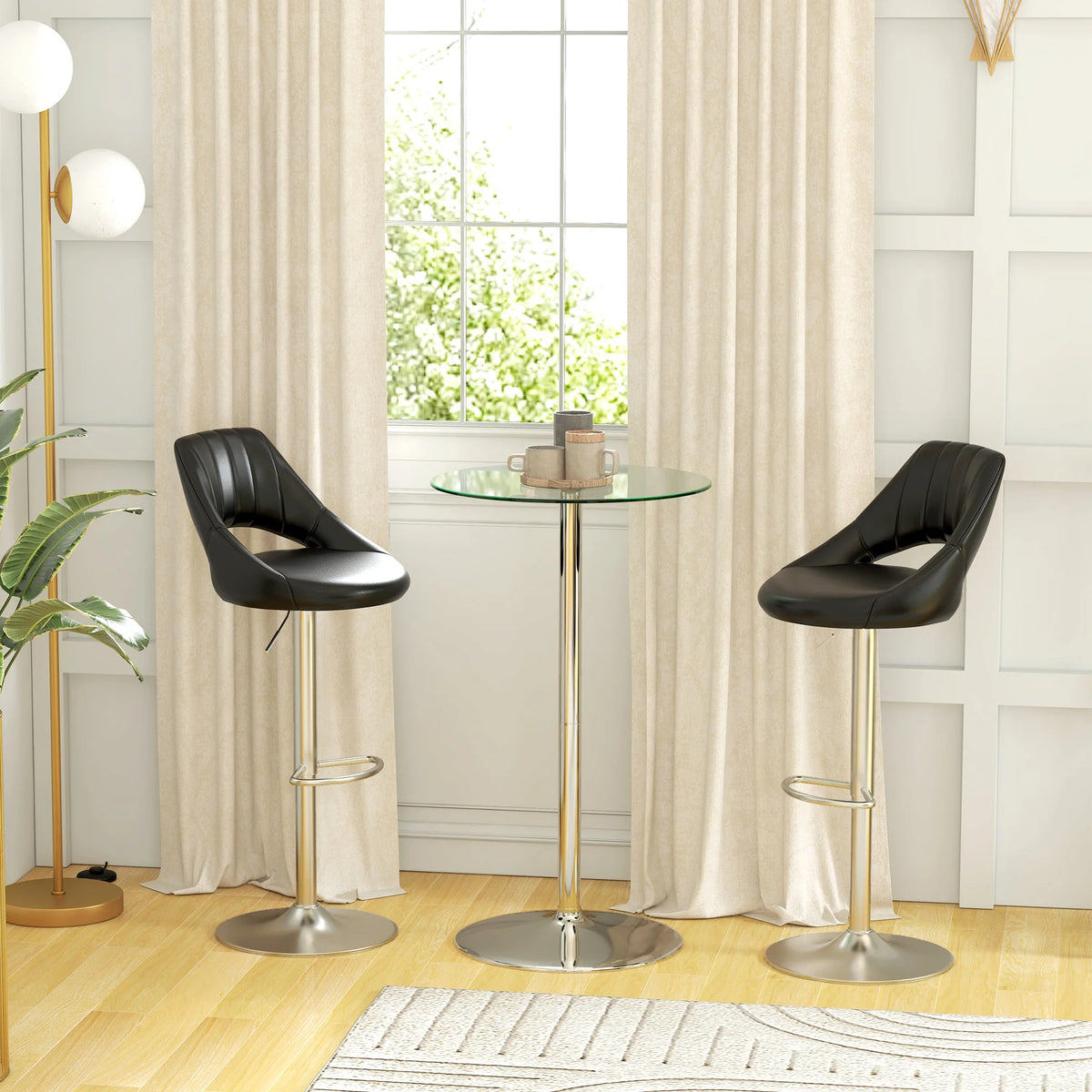 Round Bar Table for 2 with Tempered Glass Top Polished Galvanised Steel Base Non Slip Foot Pad Pub Height