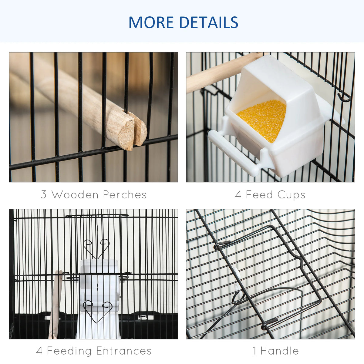 92cm Metal Bird Cage with Perches, Food Bowls and Swing, Black