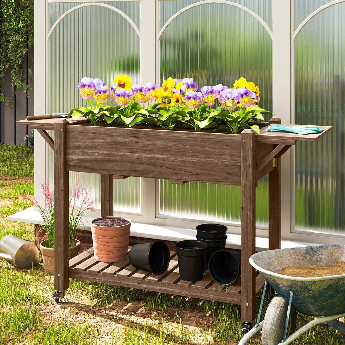 Raised Garden Bed, Wooden Elevated Planter Box with Lockable Wheels, Side Tables, Carbonised