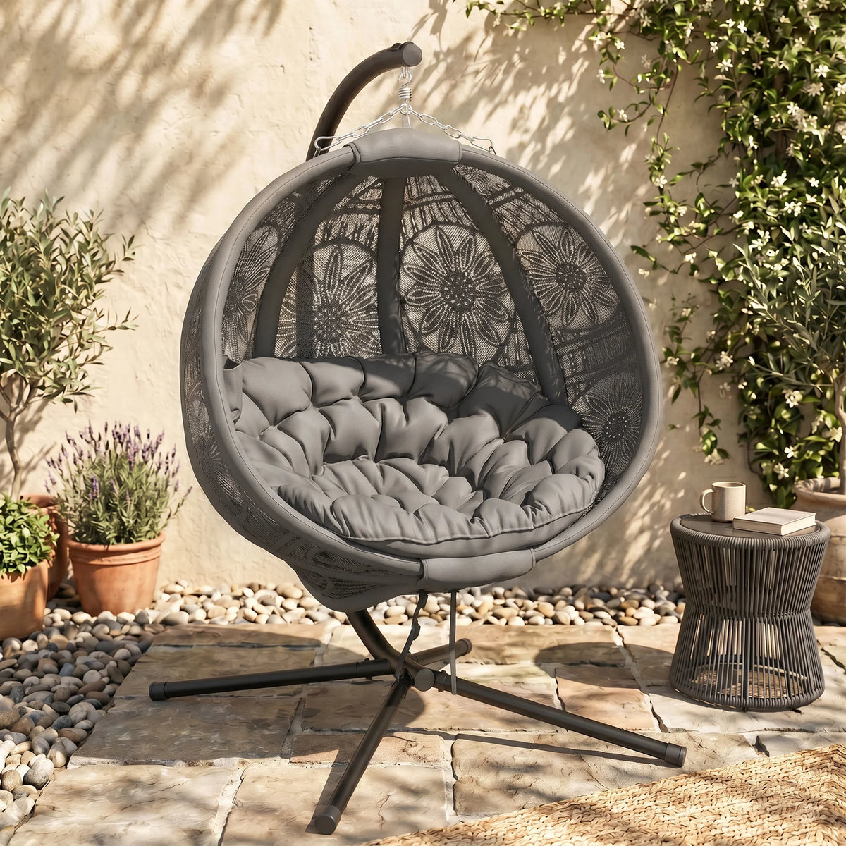 Cushioned Hanging Swing Chair with Metal Stand and Side Pocket