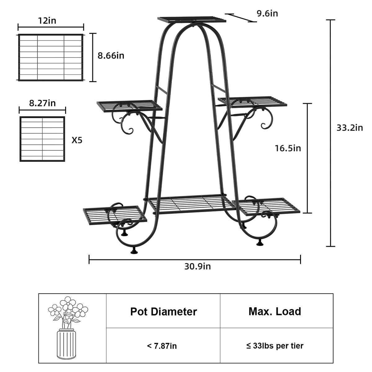 6 Tier Metal Plant Stand 78.6x24.5x74.3cm Anti-Rust Black 10kg per Tier for Garden Patio Balcony Indoor Outdoor
