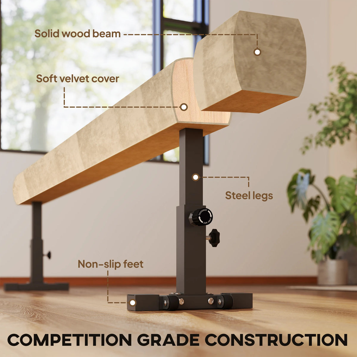 226cm Adjustable Gymnastics Balance Beam with Wheels, Suede-Feel Cover
