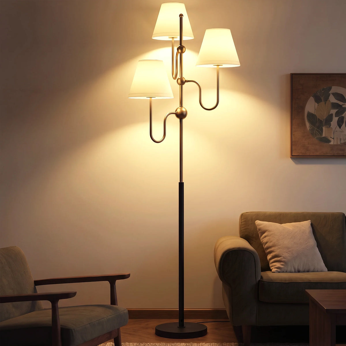 3-Light Floor Lamp with Linen Shades and Foot Switch, 165cm Tall