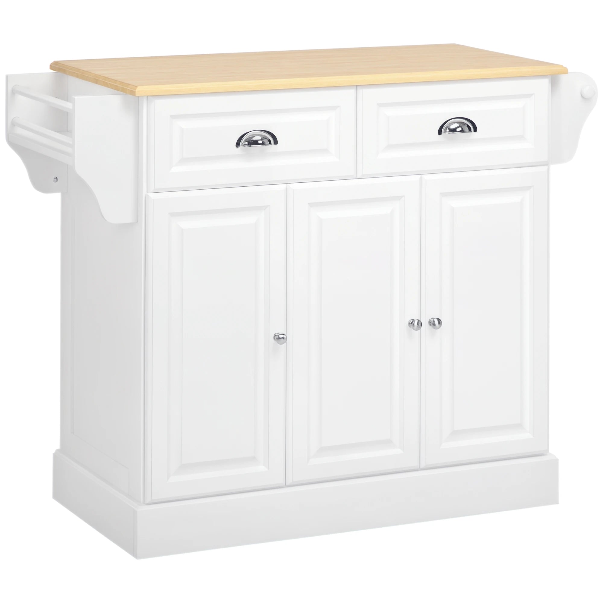White Kitchen Island with Wooden Countertop, 2 Drawers, Cabinets, Towel Rail and Spice Rack | 110cm Storage Trolley
