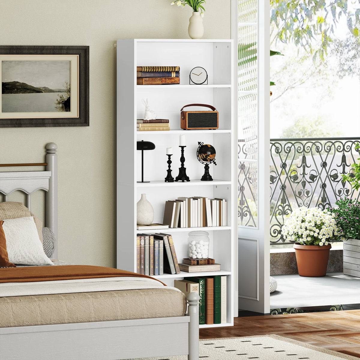6 Tier Bookshelf, Freestanding Bookcase with Adjustable Shelves, White