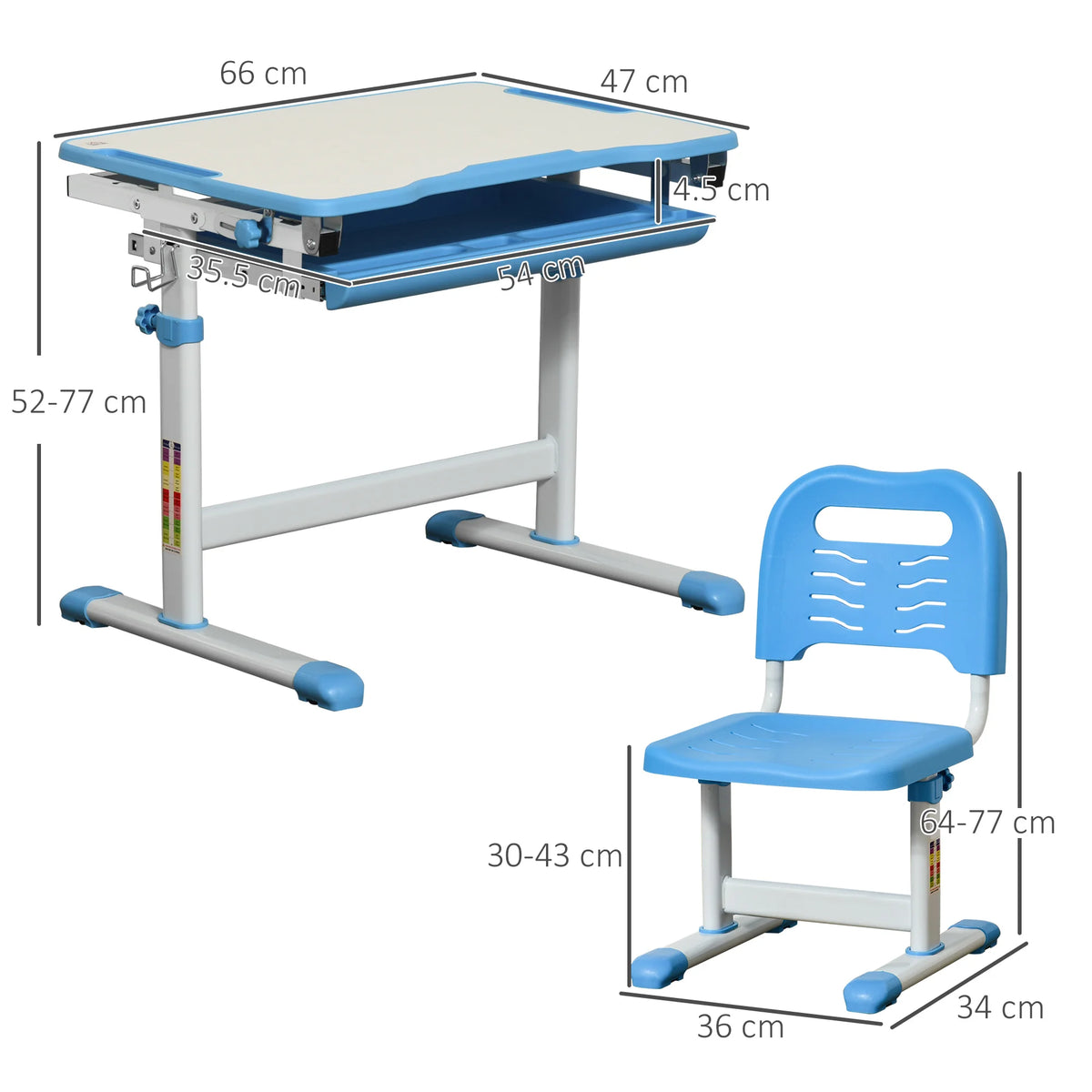 Kids Desk and Chair Set Height Adjustable 52-77cm with 45 Degree Tilting Top Drawer 2 Pen Slots and Hook