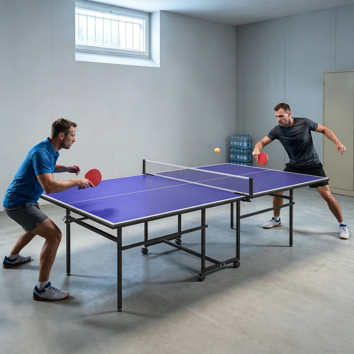 9ft Full-Size Folding Table Tennis Table on Wheels with Net, Bats and Balls, Blue