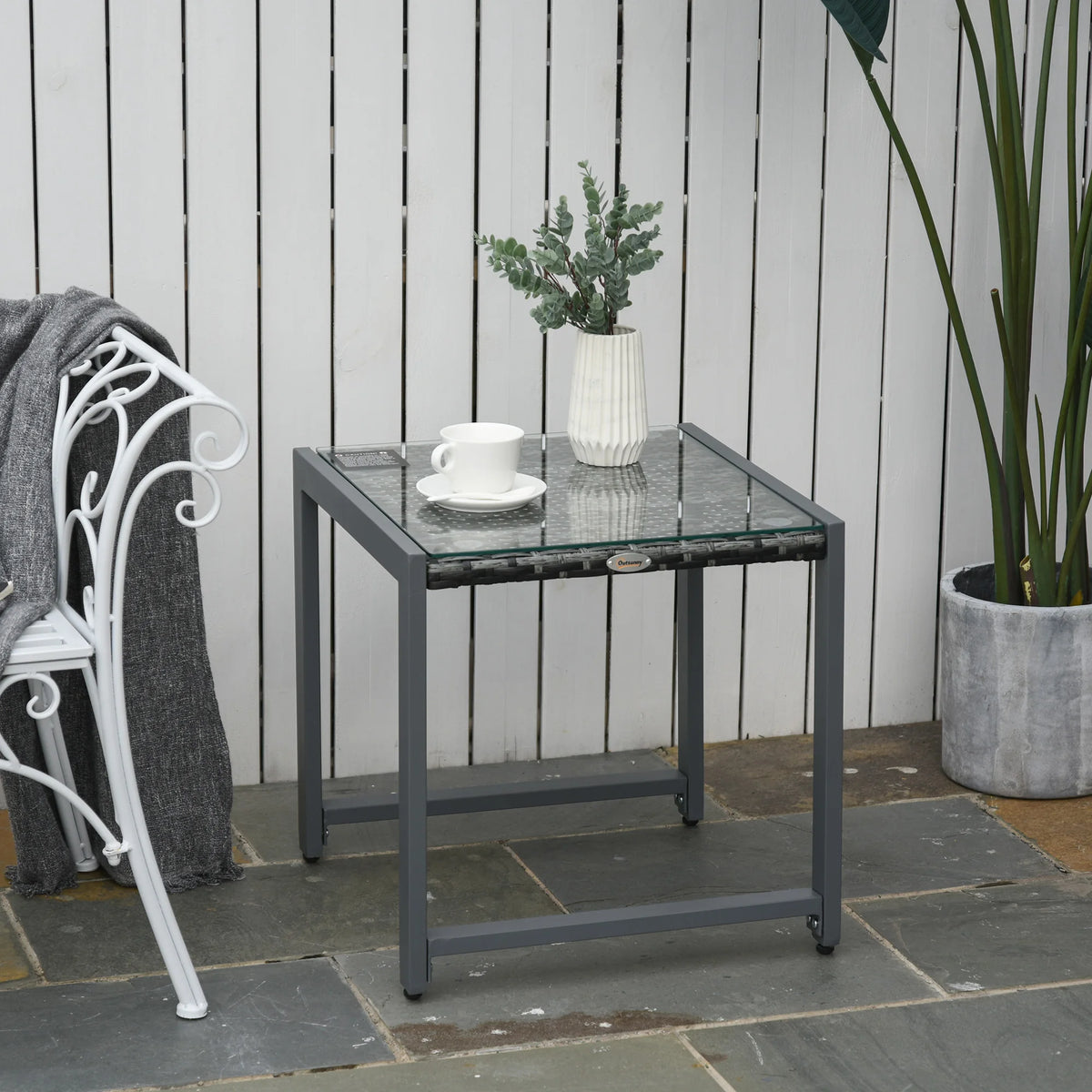 Rattan Side Table 50cm PE Wicker Garden End Table with Tempered Glass Top Aluminium Frame Adjustable Feet Grey