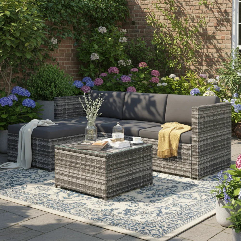 3-Piece Rattan Garden Corner Sofa Set with Glass-Top Coffee Table, Grey