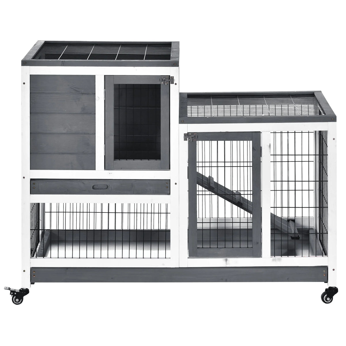 Indoor Rabbit Hutch Elevated 2 Tier Bunny Cage with Enclosed Run Ramp 4 Wheels and Removable Trays
