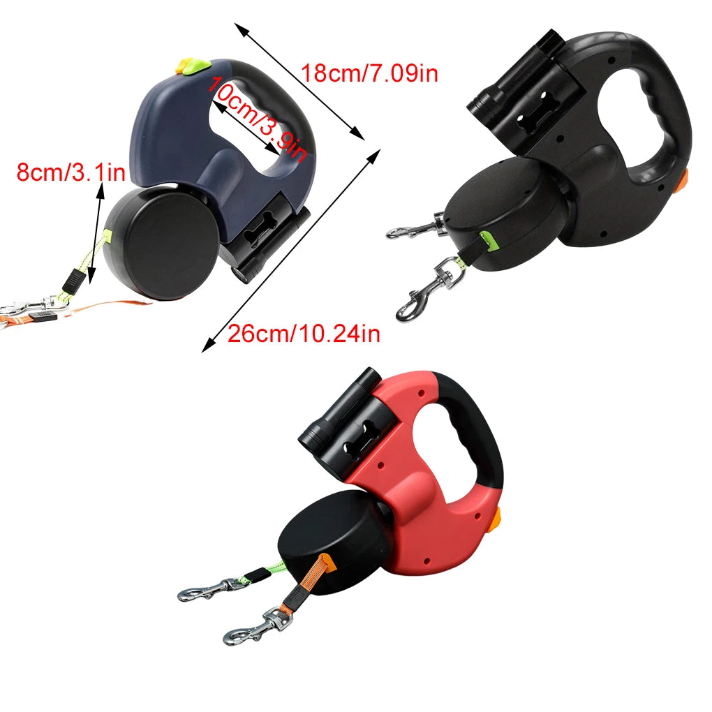 Small Dog Leash Dual Retractable Heads LED Light 360° Rotatable Push Button for Pet Walking