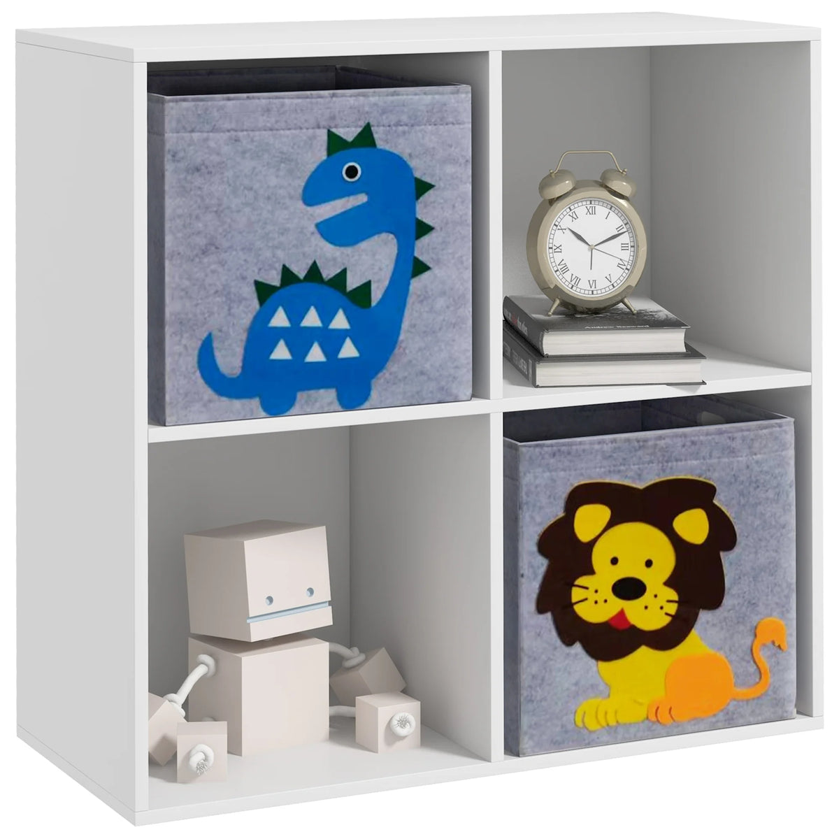 Kids Toy Organiser with 4 Cubes and 2 Fabric Drawers 61.8x61.8x29.9cm Anti Tip Animal Design Grey and White