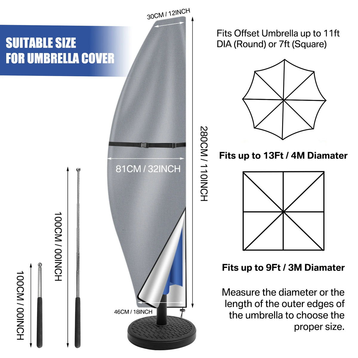 Patio Umbrella Cover for Offset Cantilever Banana Parasols, Waterproof with Zip and Rod