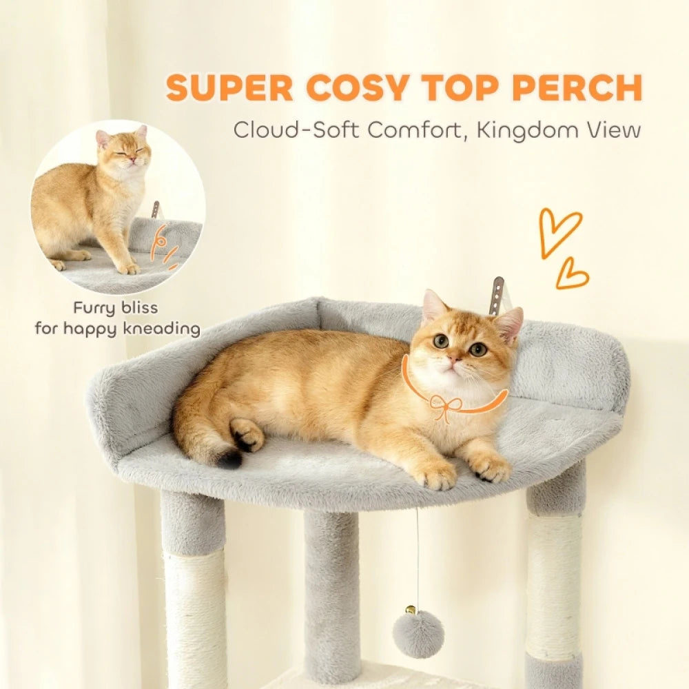 PINGGO 170cm Large Cat Tree Tower 7 Scratching Posts 2 Condos Hammock Light Grey
