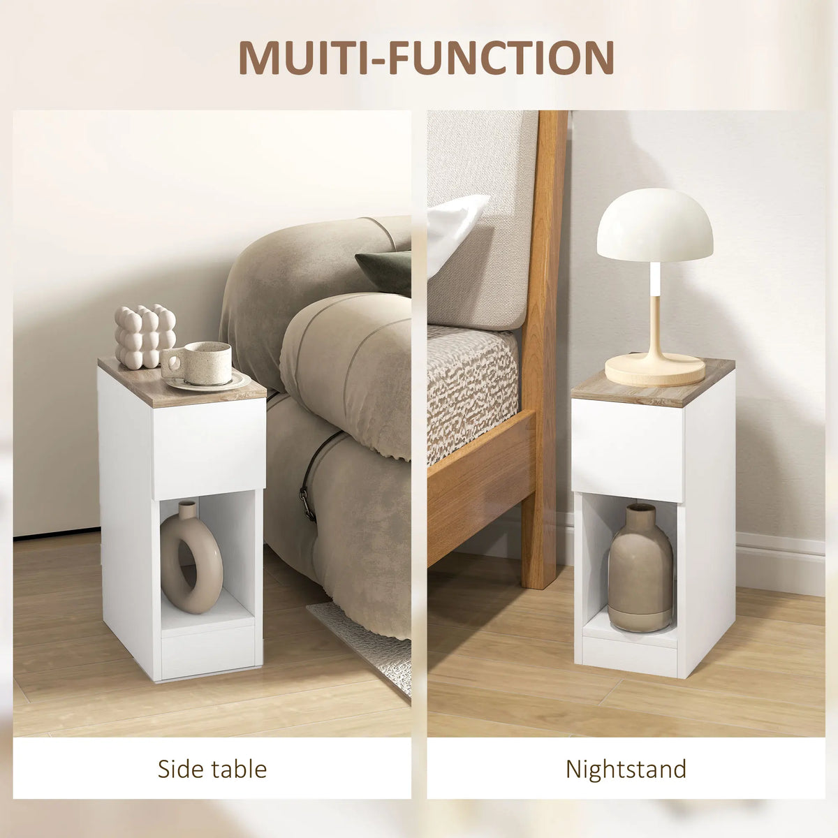 Set of 2 Bedside Tables 42.5cm Slim Nightstands with Drawer Bottom Shelf and Wood Effect Tops White