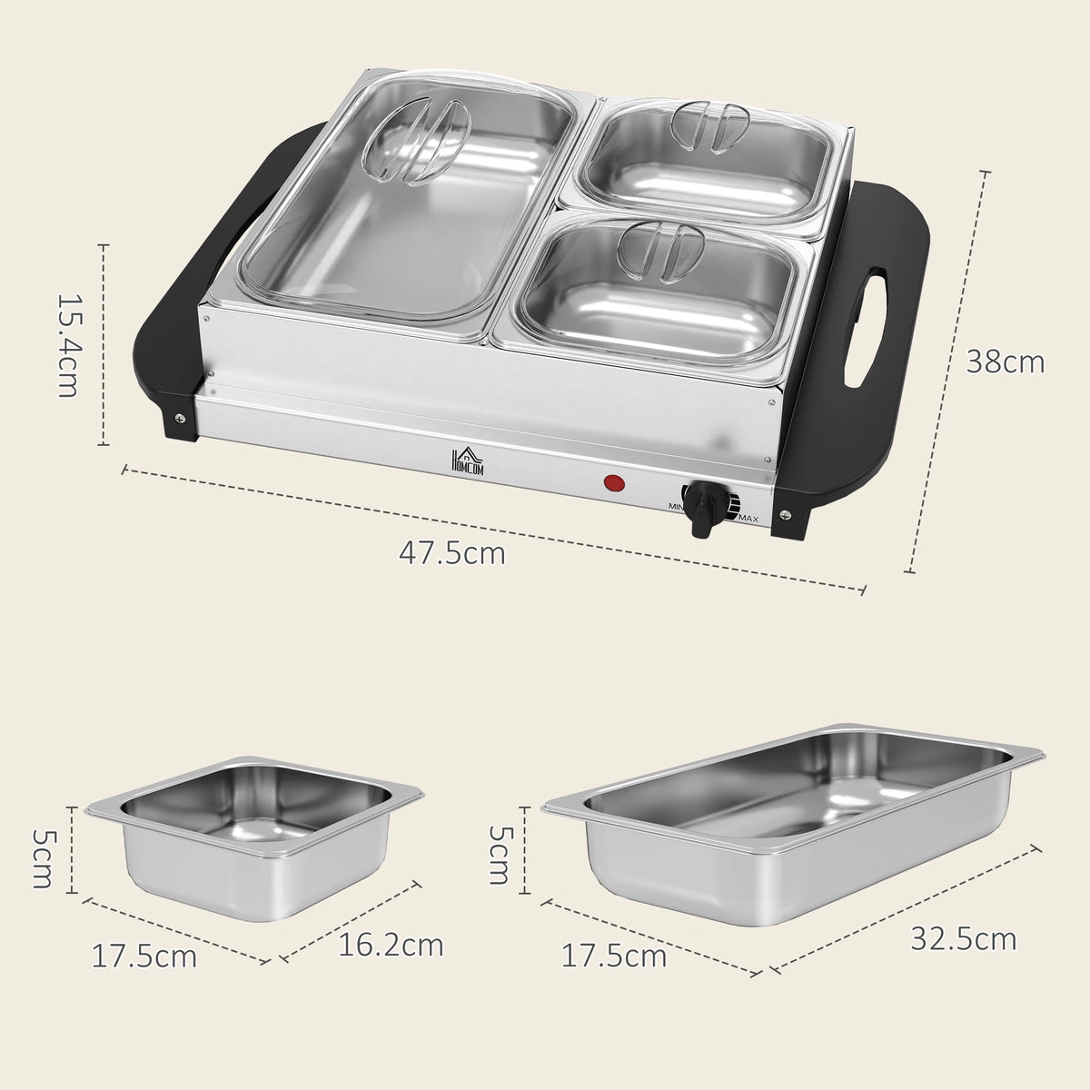 4.5L Electric Buffet Server and Food Warmer with 3 Trays and Lids, Stainless Steel