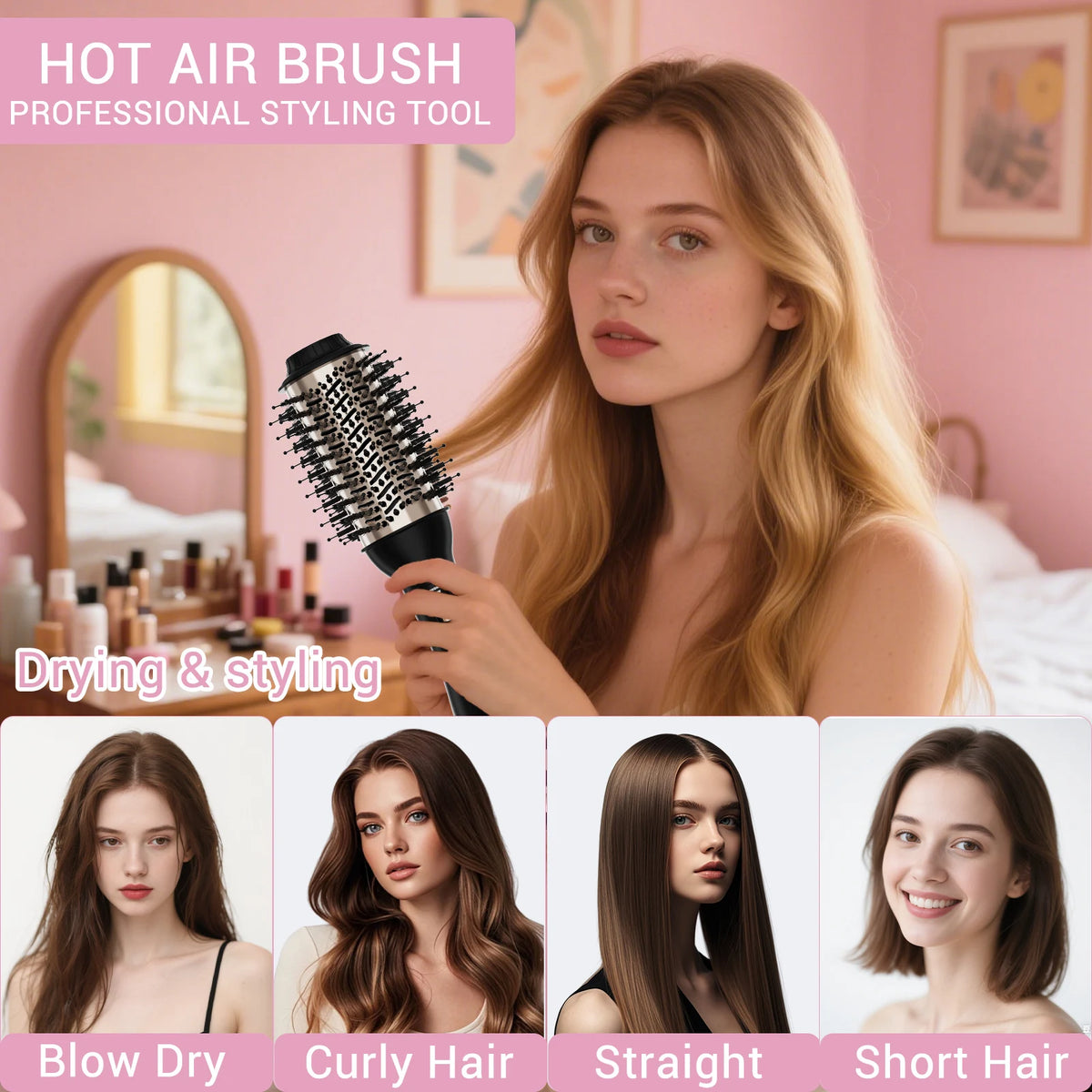 Hair Dryer Brush with 60mm Oval Barrel, One-Step Hot Air Styler and Volumiser, UK Plug