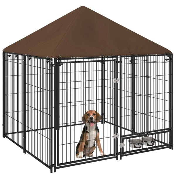 PINGGO Outdoor Dog Kennel 141x141x151cm Puppy Playpen with Canopy Rotating Bowl Garden Fence Enclosure Brown