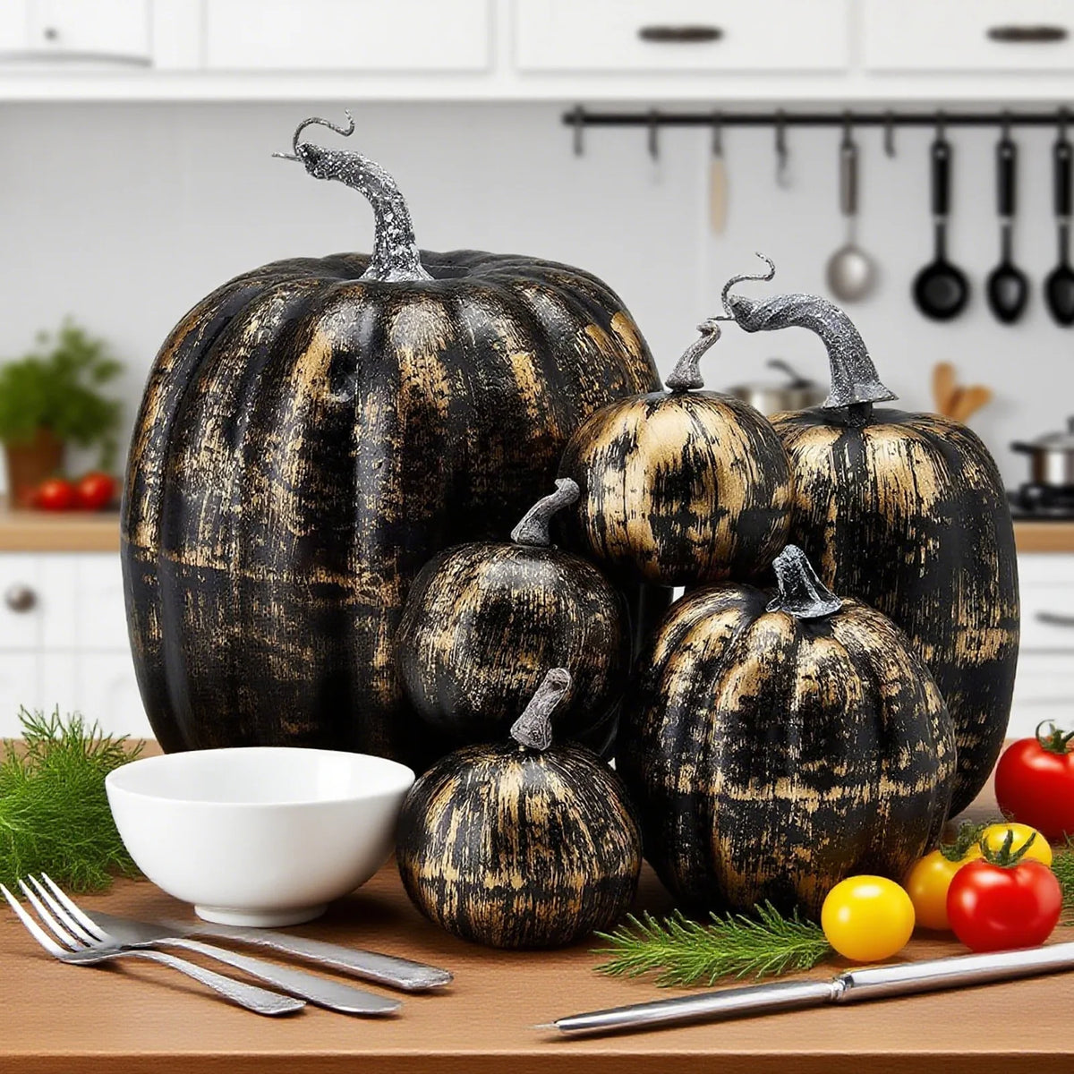 Artificial Pumpkins Set of 7, Black Halloween and Autumn Table Decorations