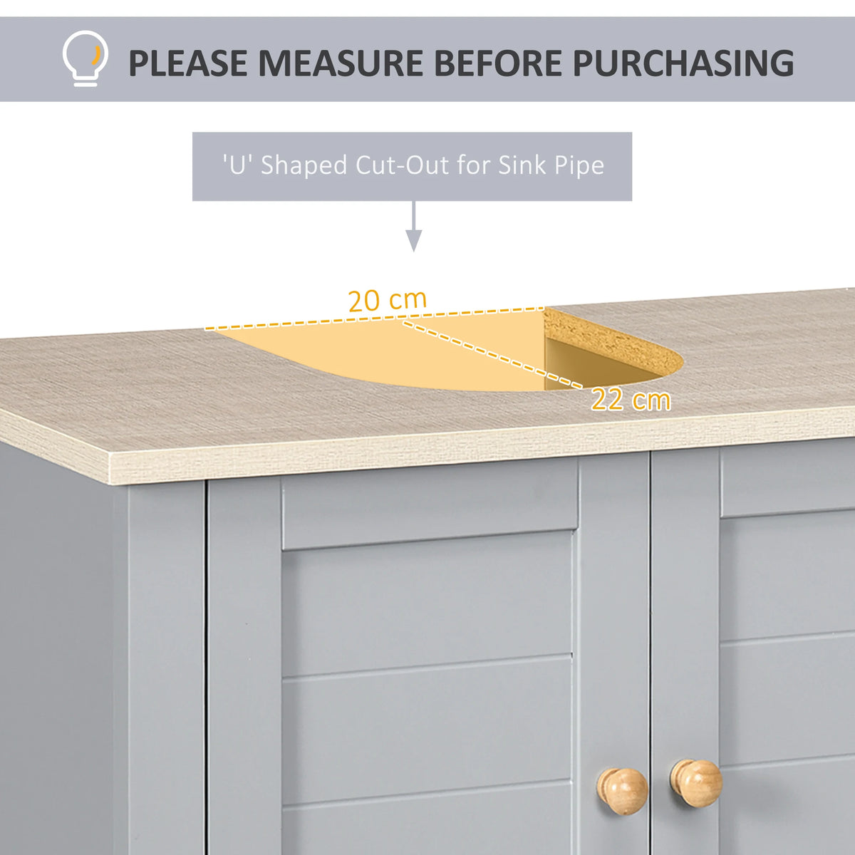 Under Sink Bathroom Cabinet with Adjustable Shelf and U-Shaped Cut-Out, Grey