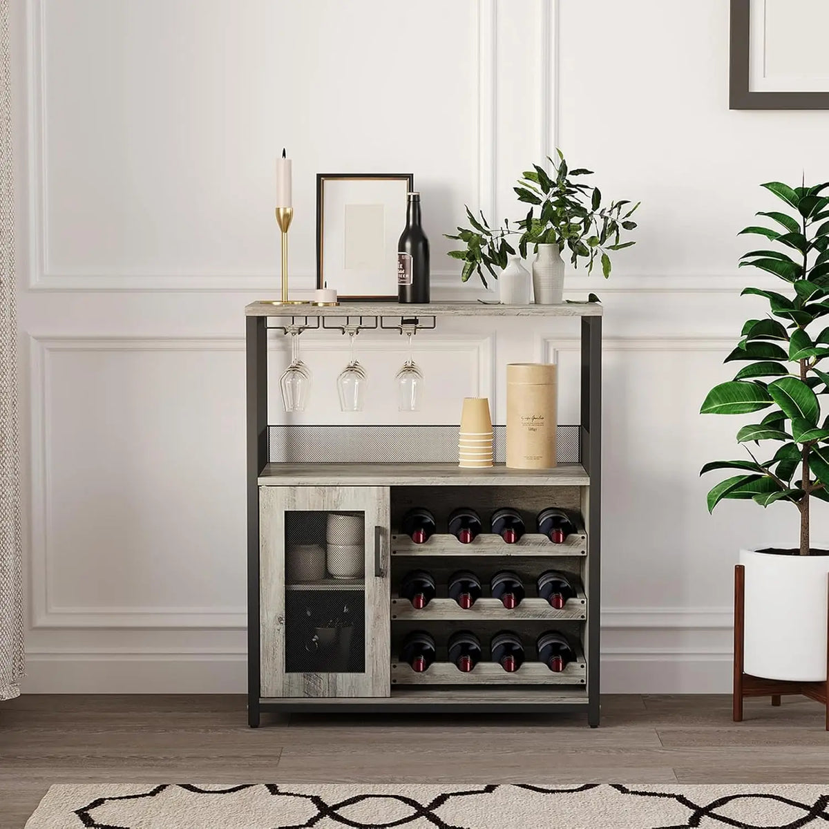 Bar Cabinet with Detachable Wine Rack and Glass Holder | 36 Inch Mesh Door Coffee Bar Cabinet with Adjustable Shelves