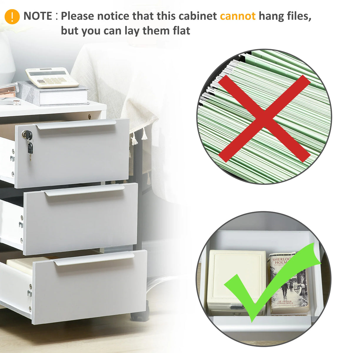 Mobile Filing Cabinet 3 Drawers with Central Locking 4 Swivel Casters 2 Braked Spacious Top