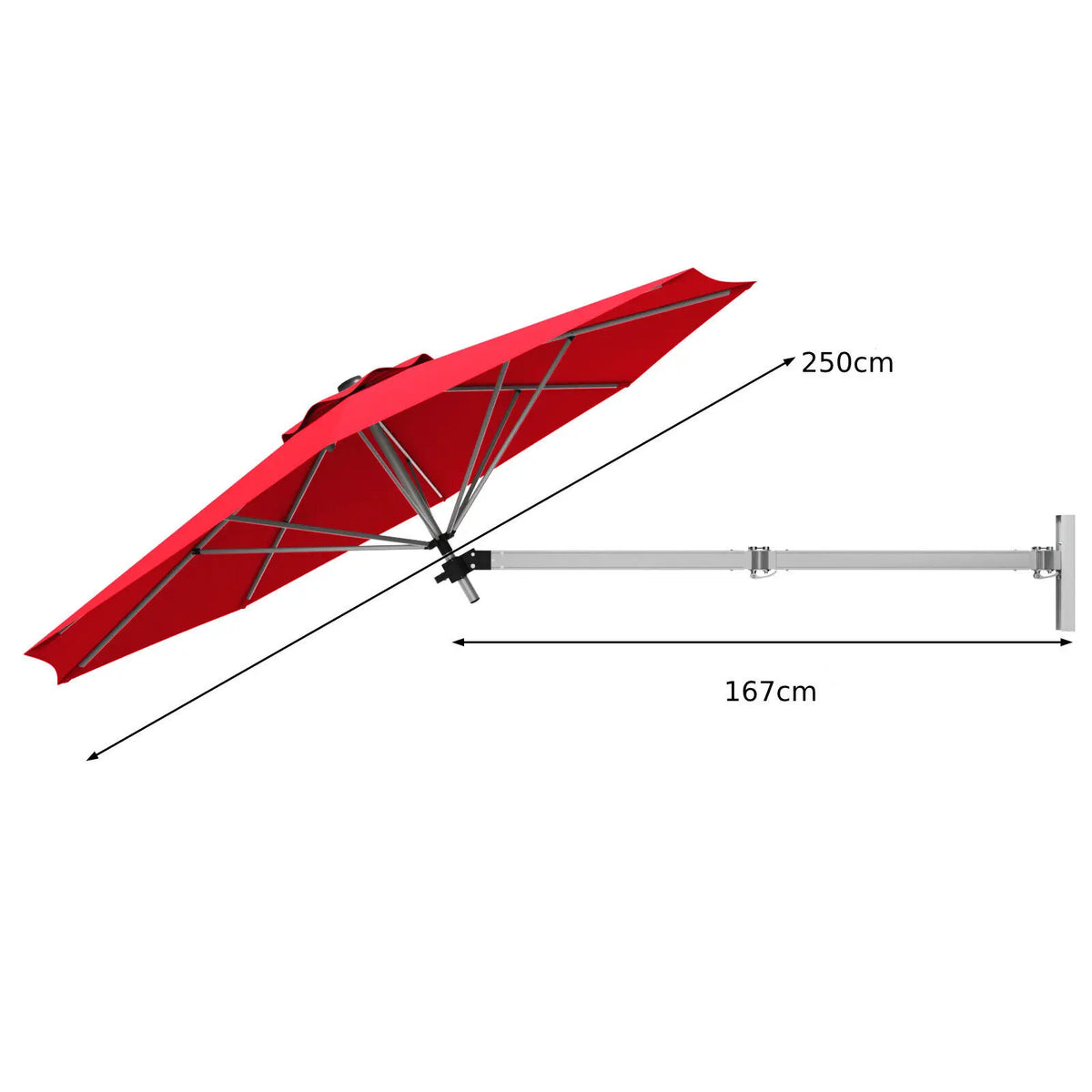 Wall Mounted Cantilever Umbrella, Garden Patio Tilting Sunshade Parasol, Red