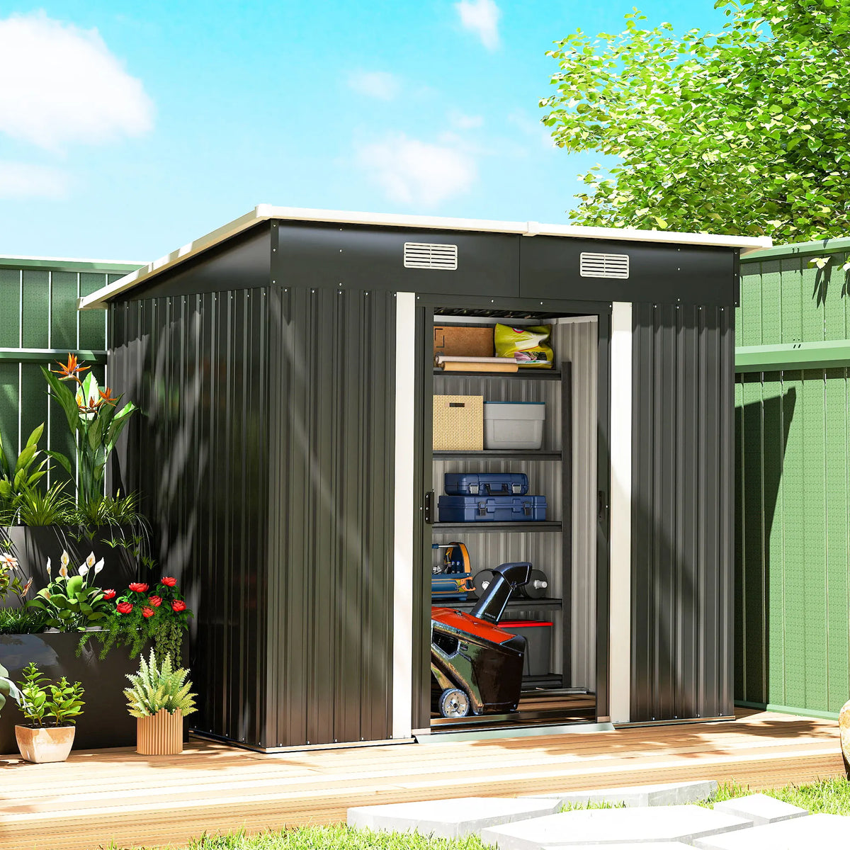 Lean-to Metal Garden Storage Shed with Sliding Door, 203 x 130cm, Black